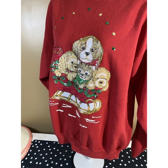 Vintage Embroidered/ Puppies In Sleigh Santa With Gifts 2side Sweatshirt Size XL - Picture 5 of 16